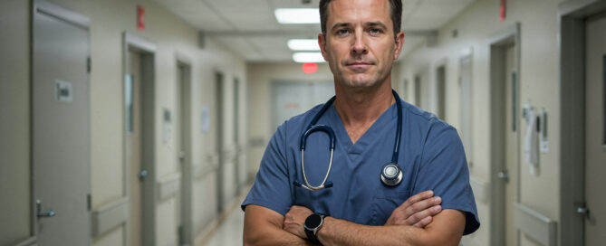 Doctor stood with arms crossed in hospital