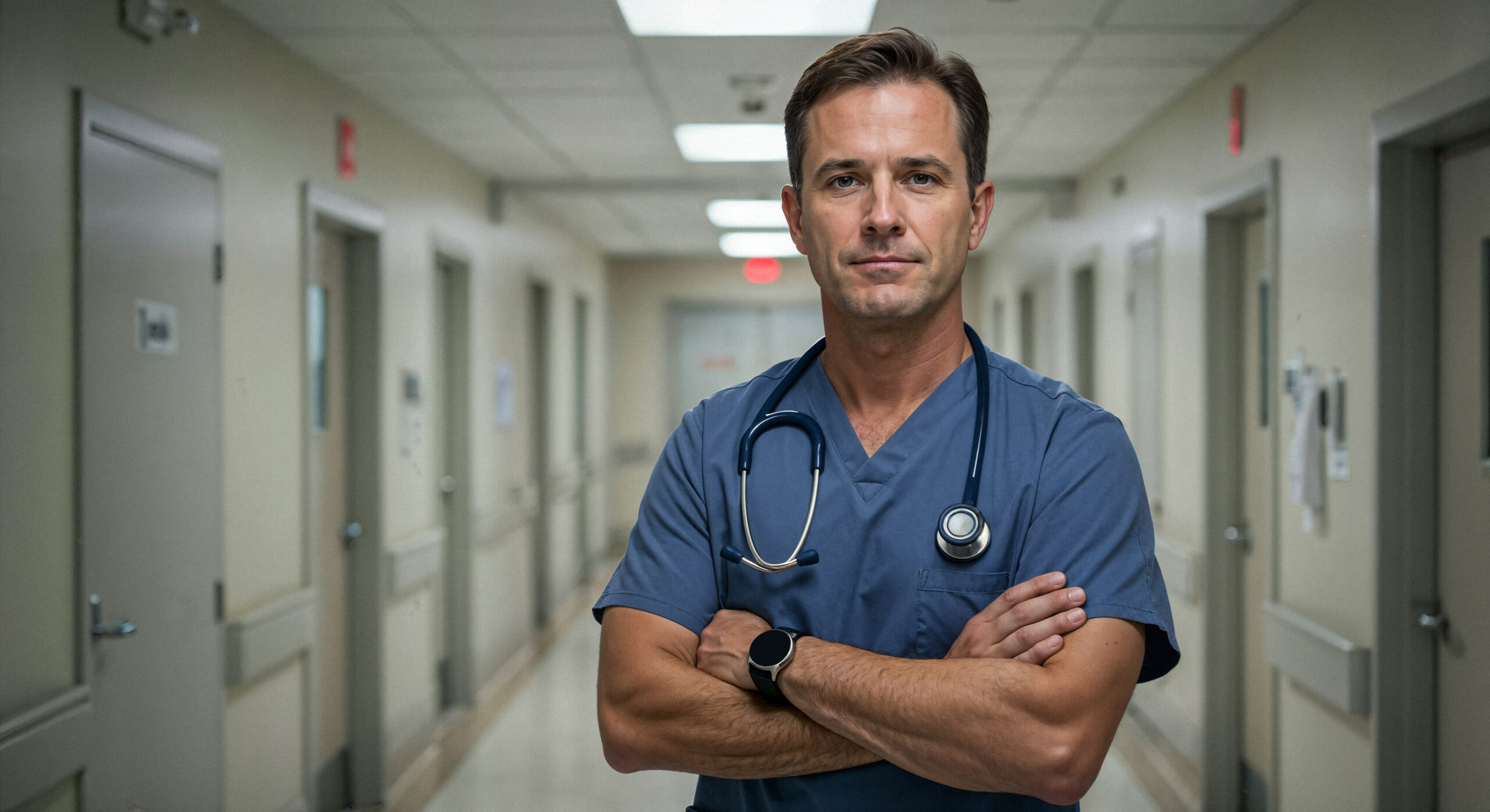 doctor-standing-hospital-hallway Doctor stood with arms crossed in hospital